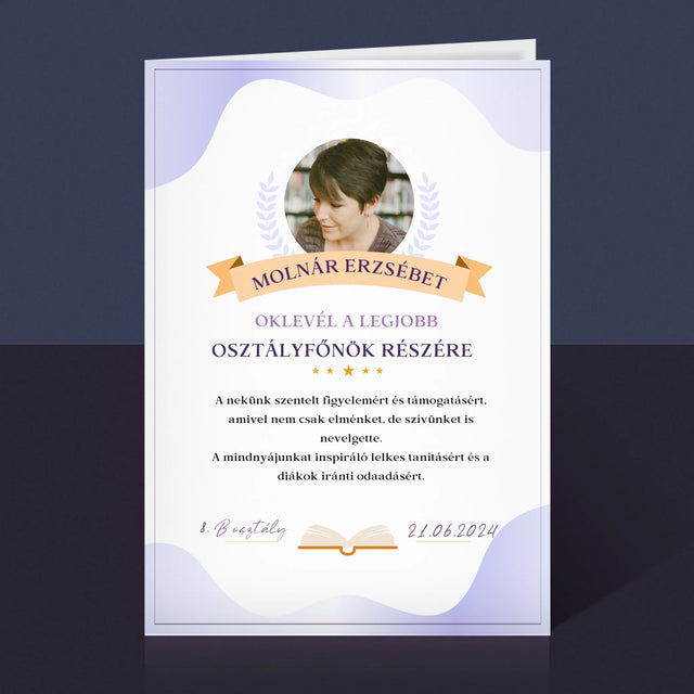 Fotó És Felirat: Oklevél A Legjobb Osztályfőnök Részére - Üdvözlőlap