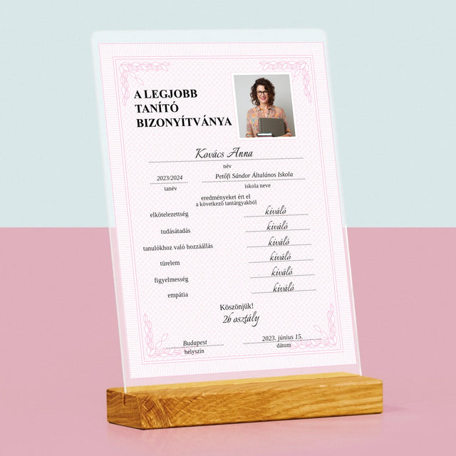 Fotó És Felirat: A Legjobb Tanító Bizonyítványa - Akrilüvegre Nyomtatott Kép