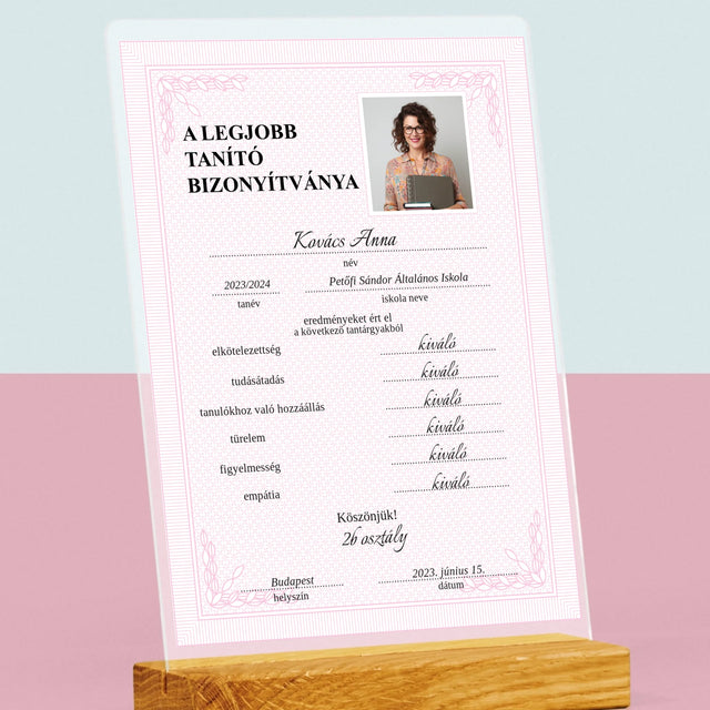 Fotó És Felirat: A Legjobb Tanító Bizonyítványa - Akrilüvegre Nyomtatott Kép