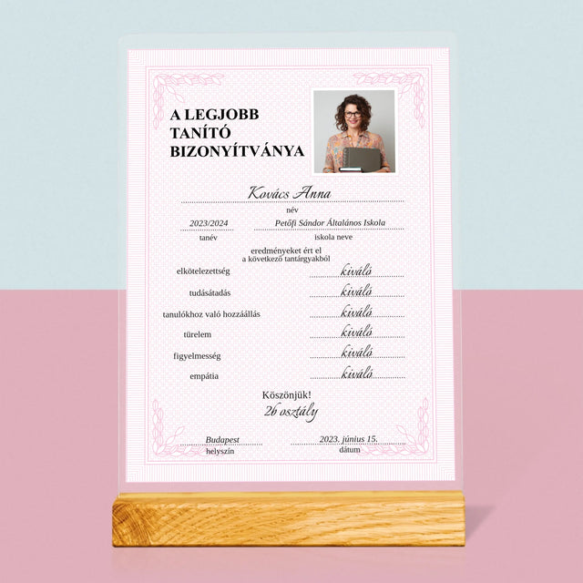 Fotó És Felirat: A Legjobb Tanító Bizonyítványa - Akrilüvegre Nyomtatott Kép