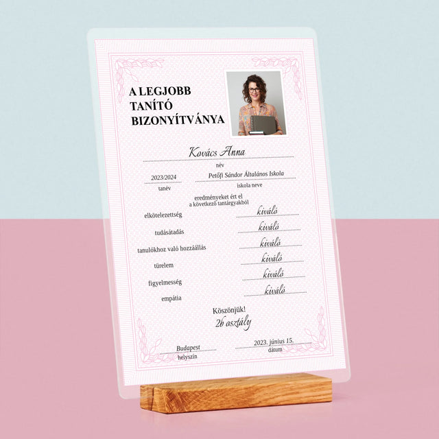 Fotó És Felirat: A Legjobb Tanító Bizonyítványa - Akrilüvegre Nyomtatott Kép
