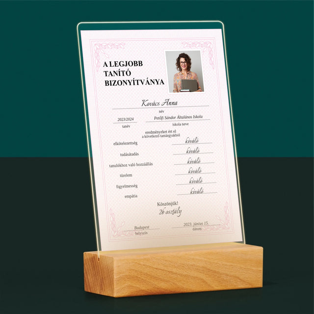 Fotó És Felirat: A Legjobb Tanító Bizonyítványa - Akrilüvegre Nyomtatott Kép