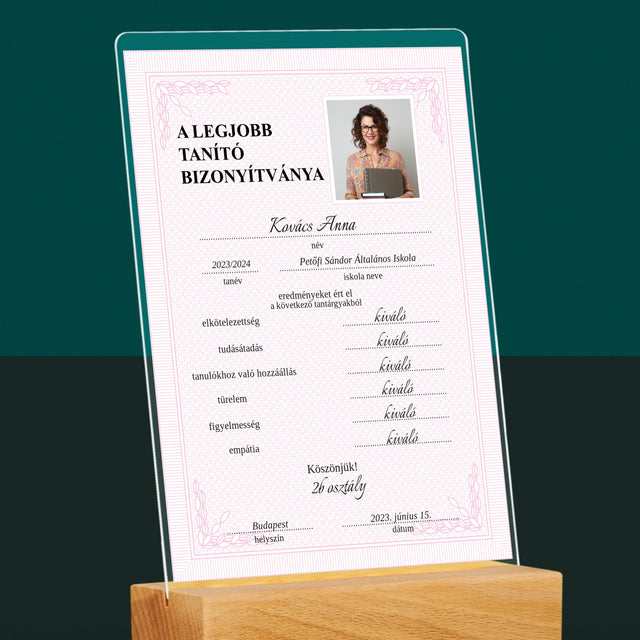 Fotó És Felirat: A Legjobb Tanító Bizonyítványa - Akrilüvegre Nyomtatott Kép