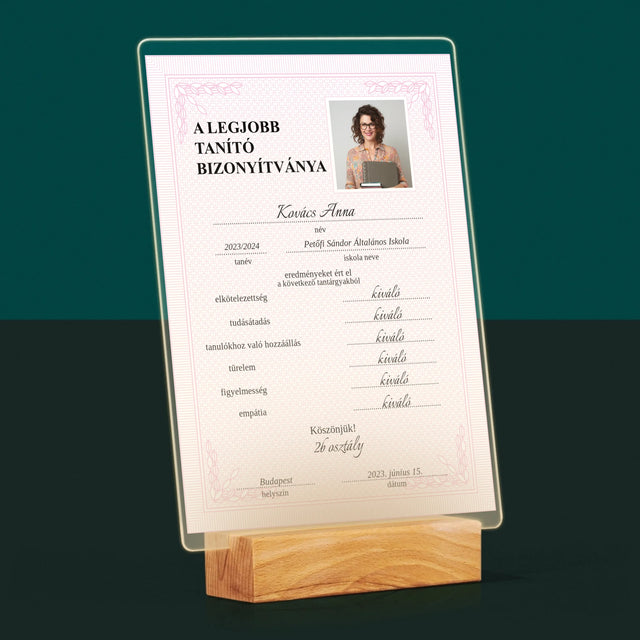 Fotó És Felirat: A Legjobb Tanító Bizonyítványa - Akrilüvegre Nyomtatott Kép