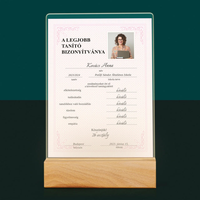 Fotó És Felirat: A Legjobb Tanító Bizonyítványa - Akrilüvegre Nyomtatott Kép