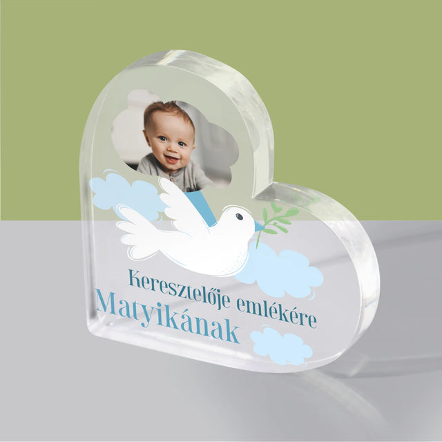 Fotó És Felirat: Keresztelői Emlék Galamb - Akrilüveg Szív