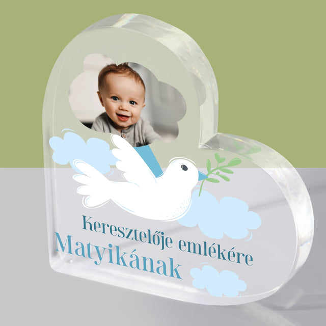 Fotó És Felirat: Keresztelői Emlék Galamb - Akrilüveg Szív