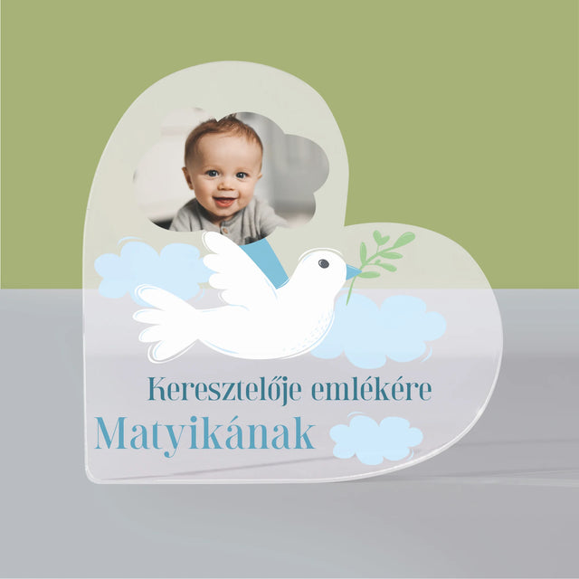 Fotó És Felirat: Keresztelői Emlék Galamb - Akrilüveg Szív