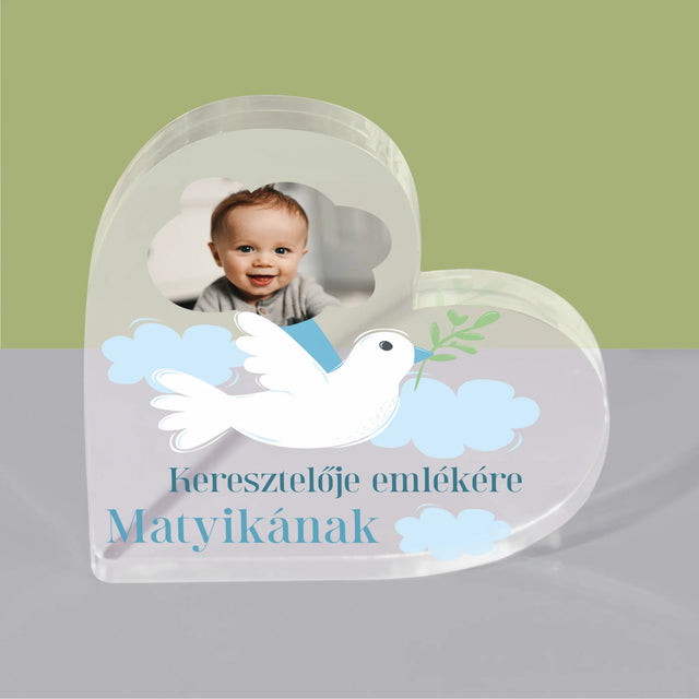 Fotó És Felirat: Keresztelői Emlék Galamb - Akrilüveg Szív
