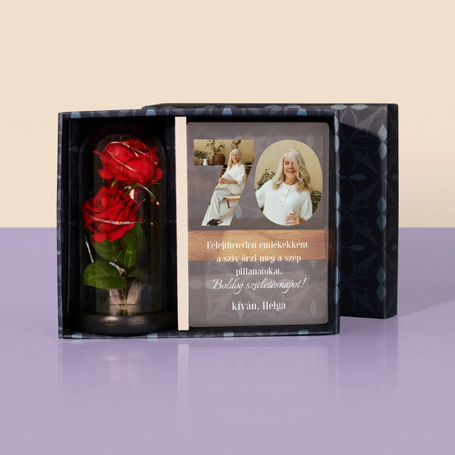 Szó Fotókból: 70 Szülinap - Ajándékkészlet Üvegre Nyomtatott Képpel És Örök Rózsával
