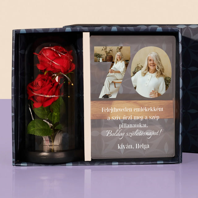 Szó Fotókból: 70 Szülinap - Ajándékkészlet Üvegre Nyomtatott Képpel És Örök Rózsával