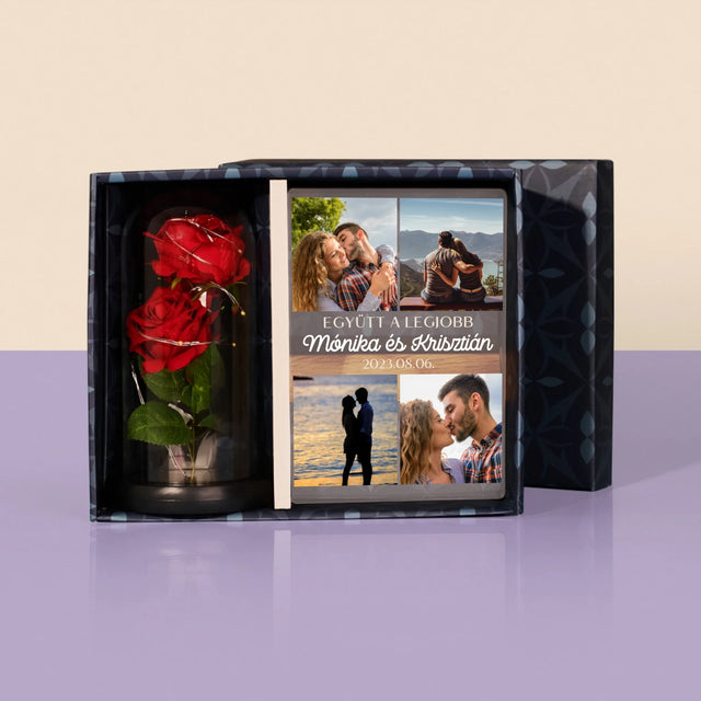 Fotókollázs: Együtt A Legjobb - Ajándékkészlet Üvegre Nyomtatott Képpel És Örök Rózsával