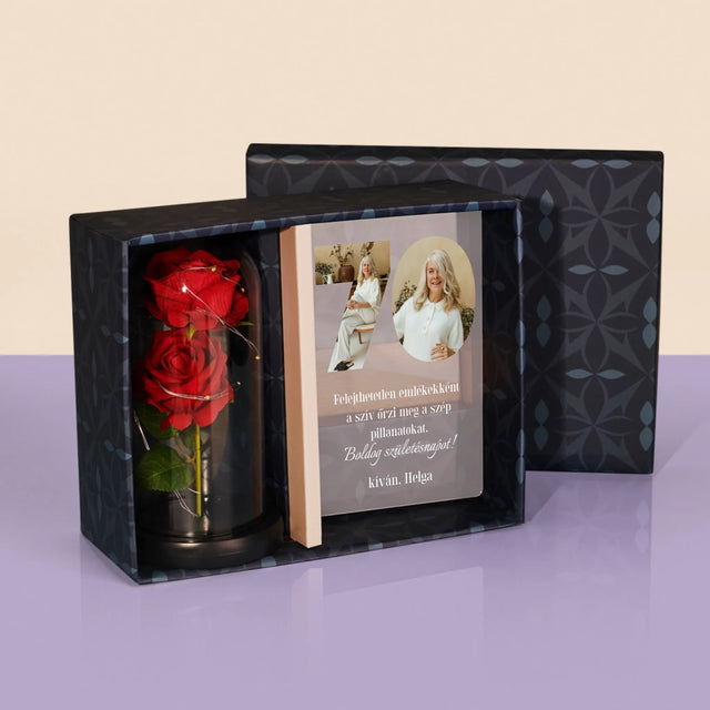 Szó Fotókból: 70 Szülinap - Ajándékkészlet Üvegre Nyomtatott Képpel És Örök Rózsával