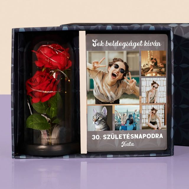 Fotókollázs: Születésnapi Kollázs - Ajándékkészlet Üvegre Nyomtatott Képpel És Örök Rózsával