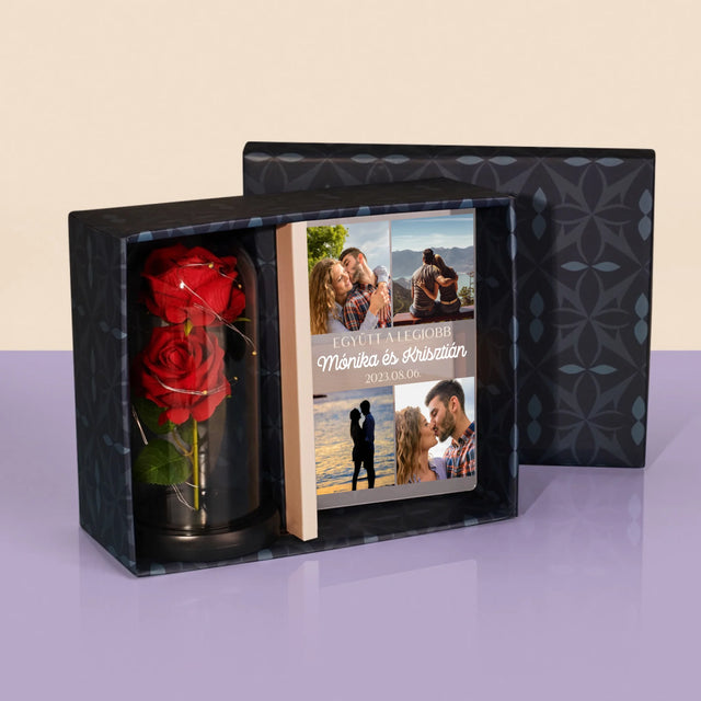 Fotókollázs: Együtt A Legjobb - Ajándékkészlet Üvegre Nyomtatott Képpel És Örök Rózsával