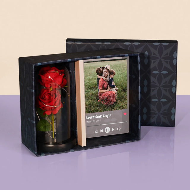 Fotó És Felirat: Szeretünk Anyu - Ajándékkészlet Üvegre Nyomtatott Képpel És Örök Rózsával