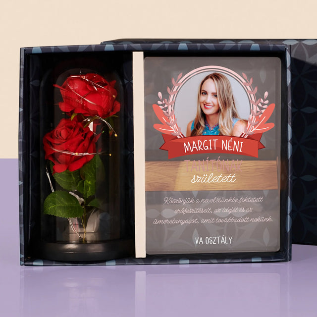 Fotó És Felirat: Tanítónak Született - Ajándékkészlet Üvegre Nyomtatott Képpel És Örök Rózsával