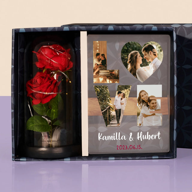 Szó Fotókból: Love A Fényképeidből - Ajándékkészlet Üvegre Nyomtatott Képpel És Örök Rózsával