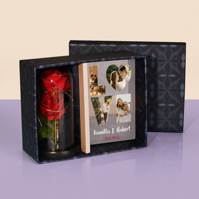 Szó Fotókból: Love A Fényképeidből - Ajándékkészlet Üvegre Nyomtatott Képpel És Örök Rózsával