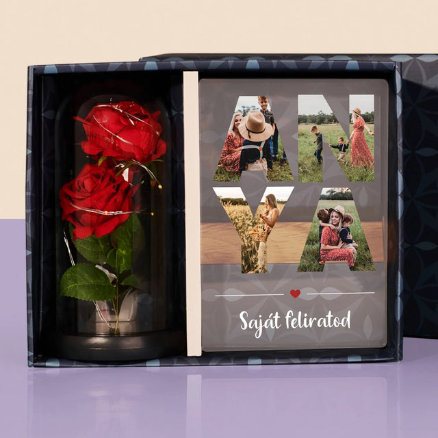 Szó Fotókból: Anya Kollázs A Képeidből - Ajándékkészlet Üvegre Nyomtatott Képpel És Örök Rózsával