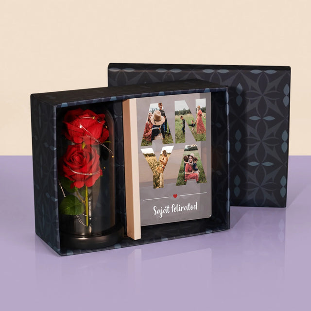 Szó Fotókból: Anya Kollázs A Képeidből - Ajándékkészlet Üvegre Nyomtatott Képpel És Örök Rózsával