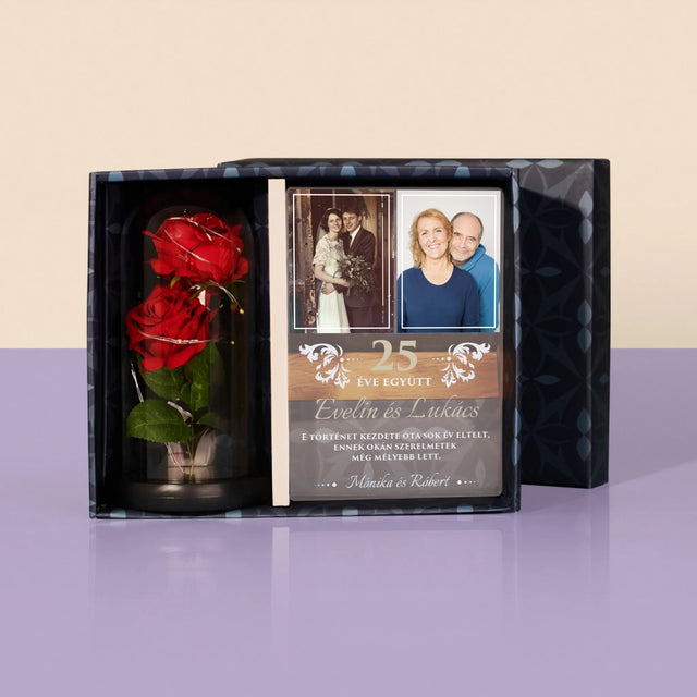 Fotókollázs: 25 Éve Együtt - Ajándékkészlet Üvegre Nyomtatott Képpel És Örök Rózsával
