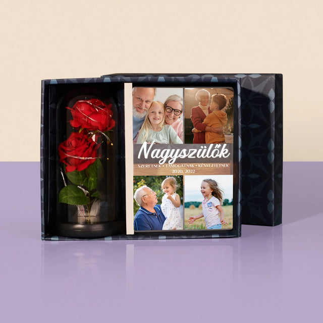 Fotókollázs: Szretett Nagyszülők - Ajándékkészlet Üvegre Nyomtatott Képpel És Örök Rózsával