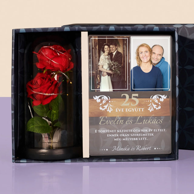 Fotókollázs: 25 Éve Együtt - Ajándékkészlet Üvegre Nyomtatott Képpel És Örök Rózsával