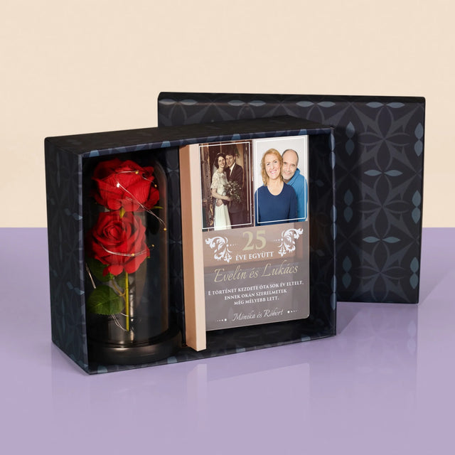 Fotókollázs: 25 Éve Együtt - Ajándékkészlet Üvegre Nyomtatott Képpel És Örök Rózsával