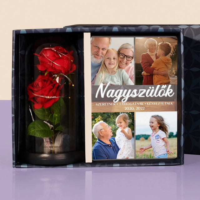 Fotókollázs: Szretett Nagyszülők - Ajándékkészlet Üvegre Nyomtatott Képpel És Örök Rózsával
