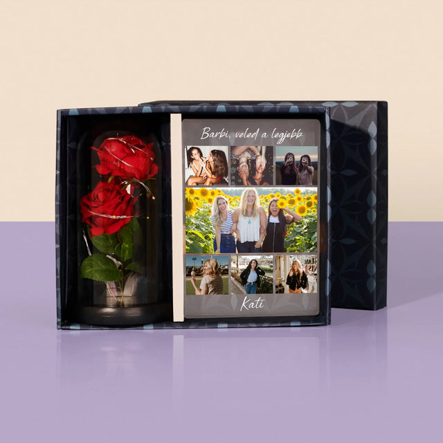 Fotókollázs: Legjobb Barinő - Ajándékkészlet Üvegre Nyomtatott Képpel És Örök Rózsával