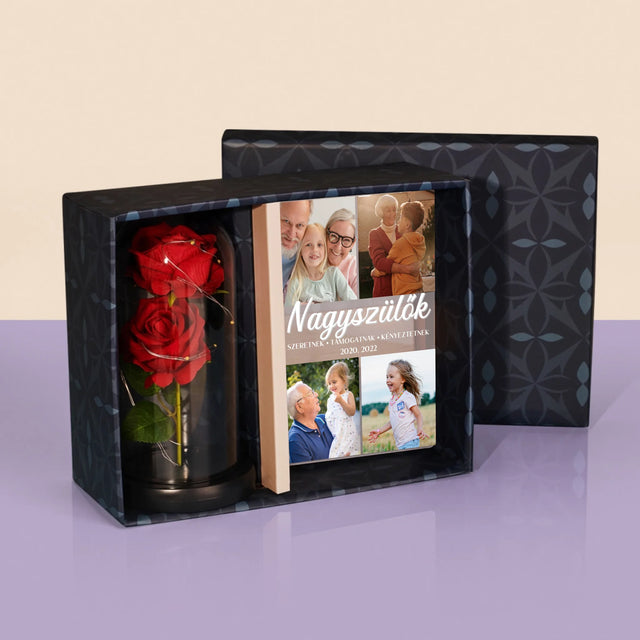 Fotókollázs: Szretett Nagyszülők - Ajándékkészlet Üvegre Nyomtatott Képpel És Örök Rózsával