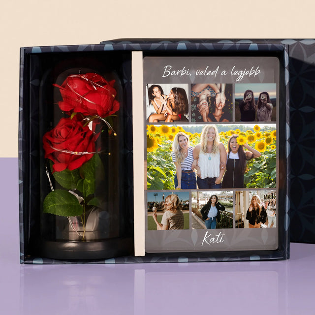 Fotókollázs: Legjobb Barinő - Ajándékkészlet Üvegre Nyomtatott Képpel És Örök Rózsával