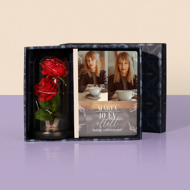 Fotókollázs: Elmúlt 40 Év - Ajándékkészlet Üvegre Nyomtatott Képpel És Örök Rózsával
