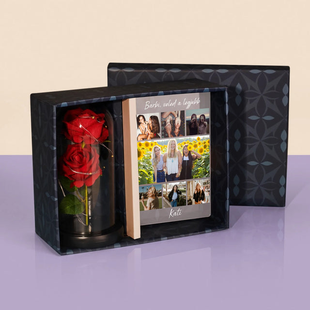 Fotókollázs: Legjobb Barinő - Ajándékkészlet Üvegre Nyomtatott Képpel És Örök Rózsával