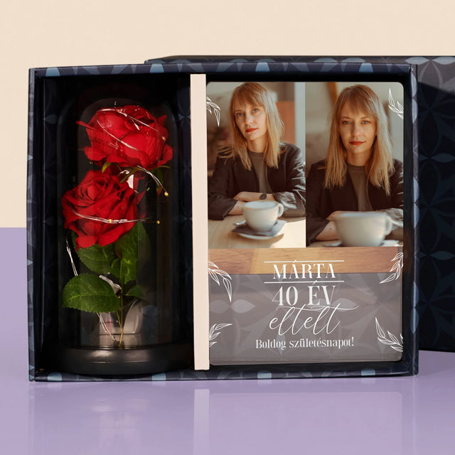 Fotókollázs: Elmúlt 40 Év - Ajándékkészlet Üvegre Nyomtatott Képpel És Örök Rózsával