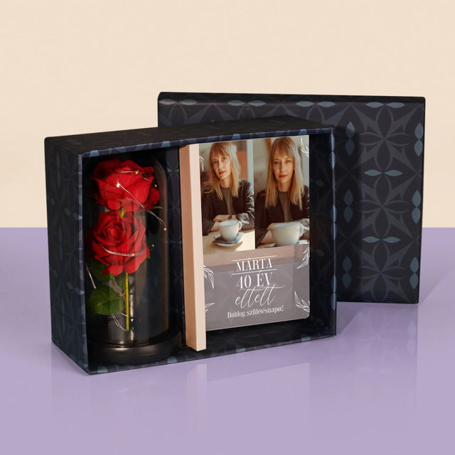 Fotókollázs: Elmúlt 40 Év - Ajándékkészlet Üvegre Nyomtatott Képpel És Örök Rózsával