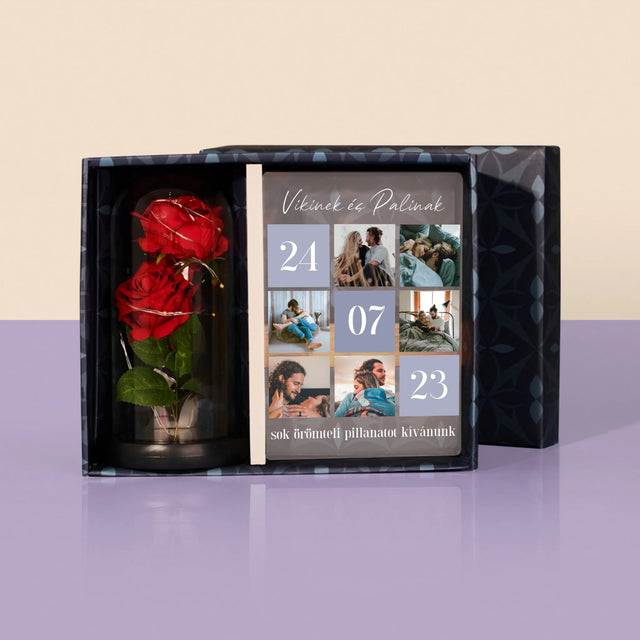 Fotókollázs: A Legjobb Pillanatok - Ajándékkészlet Üvegre Nyomtatott Képpel És Örök Rózsával