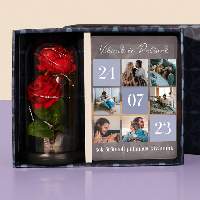 Fotókollázs: A Legjobb Pillanatok - Ajándékkészlet Üvegre Nyomtatott Képpel És Örök Rózsával