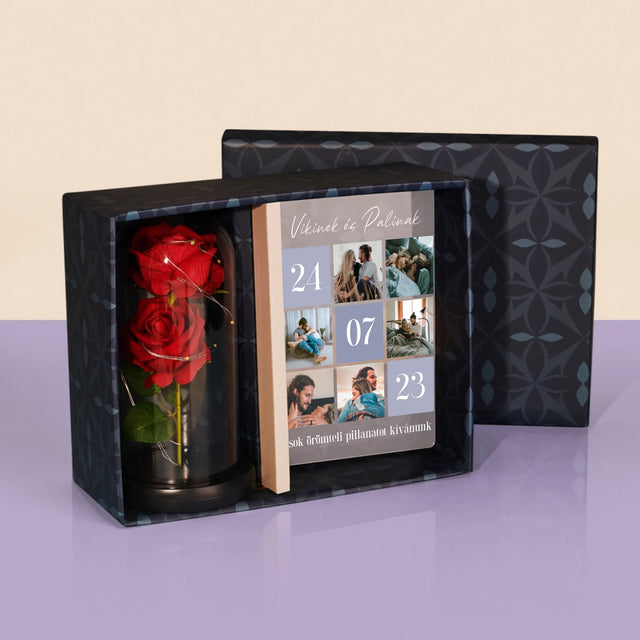 Fotókollázs: A Legjobb Pillanatok - Ajándékkészlet Üvegre Nyomtatott Képpel És Örök Rózsával