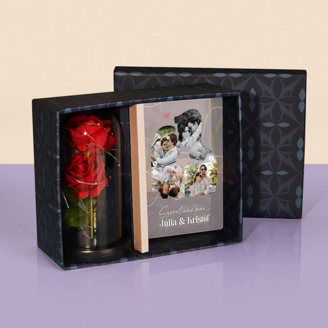 Alakzat Fotókból: Szerelmes Pár - Ajándékkészlet Üvegre Nyomtatott Képpel És Örök Rózsával