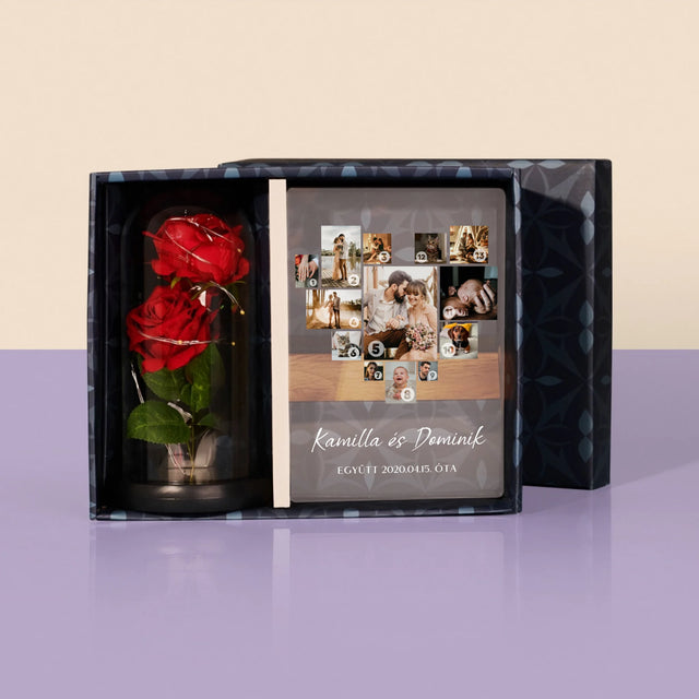 Fotókollázs: Szív Alakú Kollázs Képekből - Ajándékkészlet Üvegre Nyomtatott Képpel És Örök Rózsával