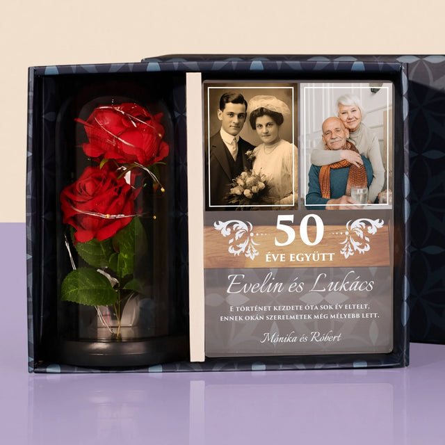 Fotókollázs: Évek Óta Együtt - Ajándékkészlet Üvegre Nyomtatott Képpel És Örök Rózsával