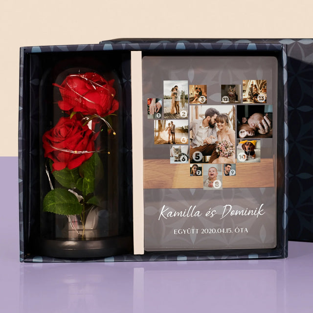 Fotókollázs: Szív Alakú Kollázs Képekből - Ajándékkészlet Üvegre Nyomtatott Képpel És Örök Rózsával