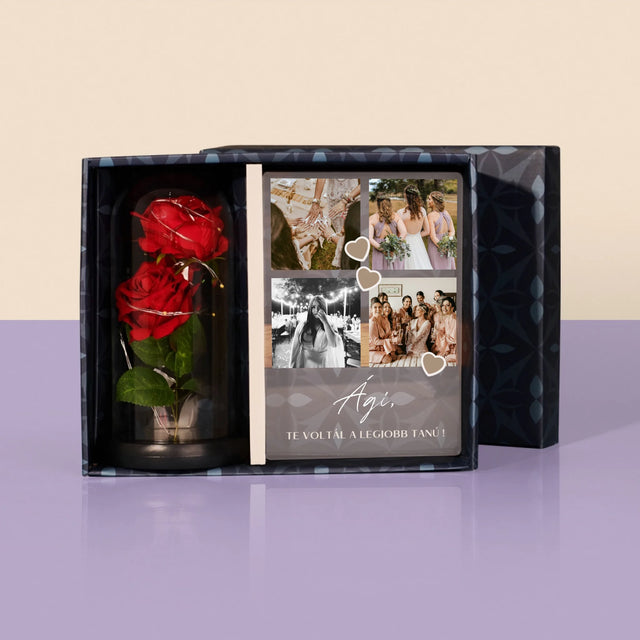 Fotókollázs: Köszönet Kollázs Képekből A Tanúnak - Ajándékkészlet Üvegre Nyomtatott Képpel És Örök Rózsával