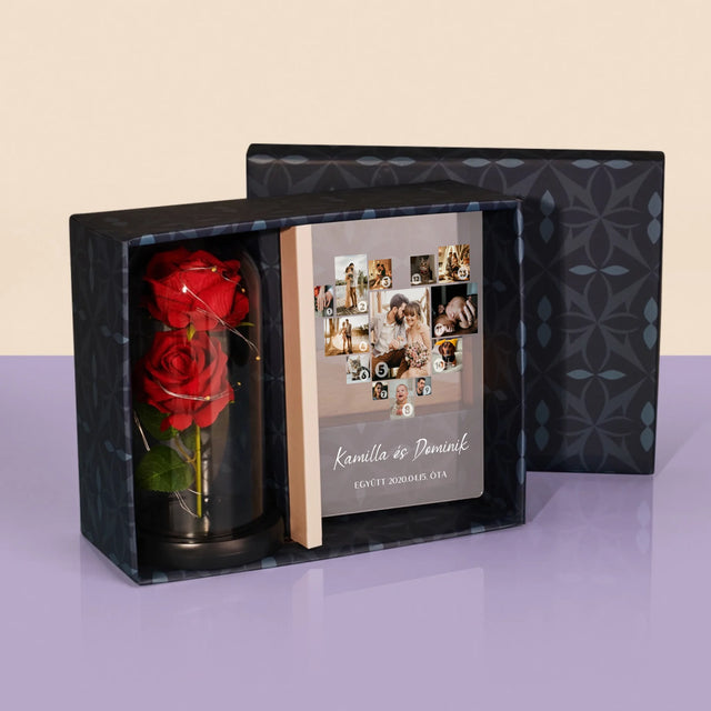 Fotókollázs: Szív Alakú Kollázs Képekből - Ajándékkészlet Üvegre Nyomtatott Képpel És Örök Rózsával