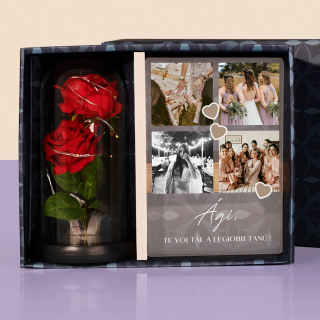 Fotókollázs: Köszönet Kollázs Képekből A Tanúnak - Ajándékkészlet Üvegre Nyomtatott Képpel És Örök Rózsával