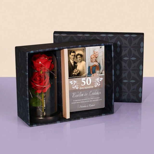 Fotókollázs: Évek Óta Együtt - Ajándékkészlet Üvegre Nyomtatott Képpel És Örök Rózsával