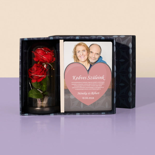 Fotó És Felirat: Szeretett Szüleink - Ajándékkészlet Üvegre Nyomtatott Képpel És Örök Rózsával
