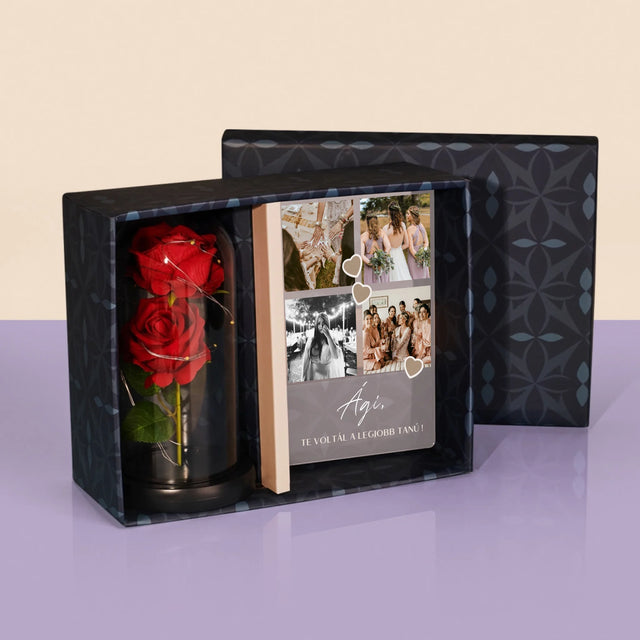 Fotókollázs: Köszönet Kollázs Képekből A Tanúnak - Ajándékkészlet Üvegre Nyomtatott Képpel És Örök Rózsával